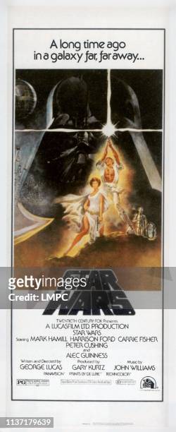 Star Wars, poster, , background: Darth Vader, foreground from left: Carrie Fisher, Mark Hamill, C-3PO, R2D2, 1977.
