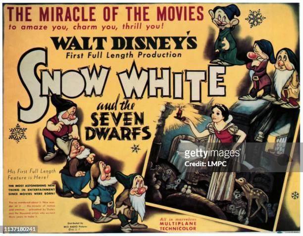 Snow White, poster, left from top: Doc, Happy, Sneezy, Bashful, center: , right from top: Dopey, Grumpy, Bashful, 1937.