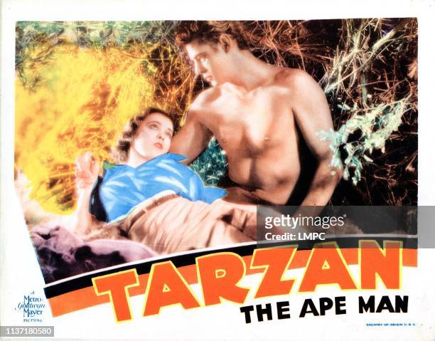 Tarzan The Ape Man, US lobbycard, from left: Maureen O'Sullivan, Johnny Weissmuller, 1932.