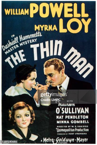 The Thin Man, poster, clockwise from bottom left: Maureen O'Sullivan, Myrna Loy, William Powell, 1934.