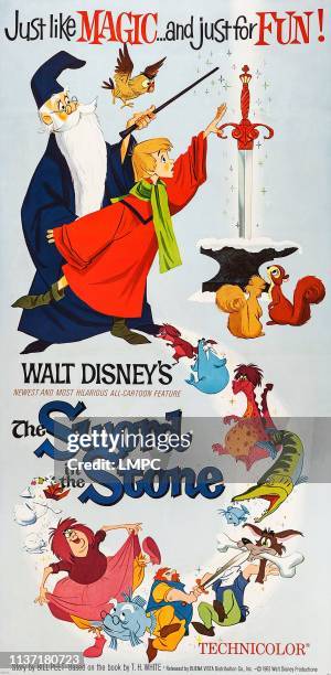 The Sword In The Stone, poster, frop top left: Merlin, Archimedes, Arthur/Wart, Kay , Sir Pelinore, Madam Mim, 1963.