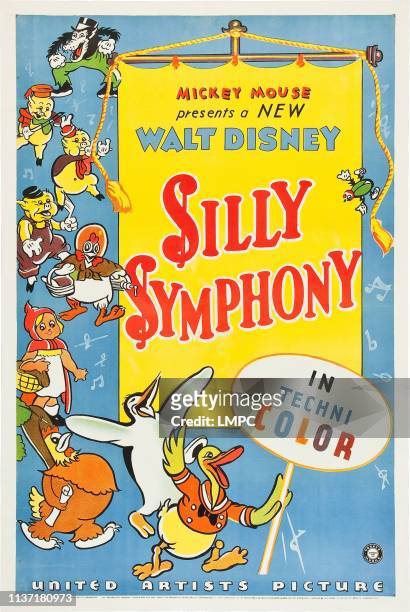 Silly Symphony, poster, from top left: Big Bad Wolf, Three Little Pigs, Henny Penny, Little Red Riding Hood, chicken, penguin, Donald Duck, 1934.