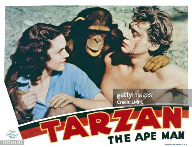 Tarzan The Ape Man, lobbycard, from left: Maureen O'Sullivan, Cheetah, Johnny Weissmuller, 1932.