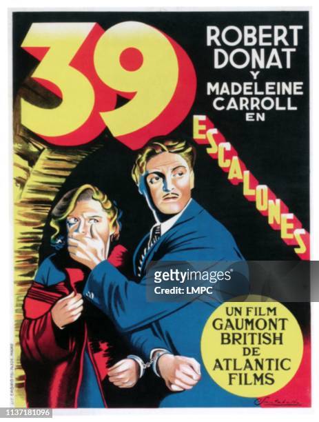 The 39 Steps , poster, from left: Madeleine Carroll, Robert Donat on Spanish poster art, 1935.