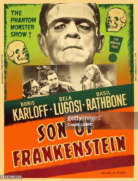 Son Of Frankenstein, poster, top center: Boris Karloff, bottom center from left: Boris Karloff, Basil Rathbone, Bela Lugosi on 1953.