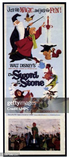 The Sword In The Stone, poster, frop top left: Merlin, Archimedes, Arthur/Wart, Kay , Sir Pelinore, Madam Mim, 1963.