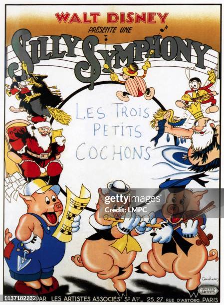 The Three Little Pigs , poster, clockwise from top left: witch, Santa Claus, Three Little Pigs, King Neptune on French poster art, 1933.