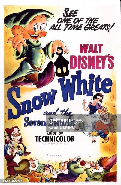Snow White And The Seven Dwarfs, poster, top left: Dopey, bottom left: Bashful, Sleepy, right center: Snow White, Doc, 1937.