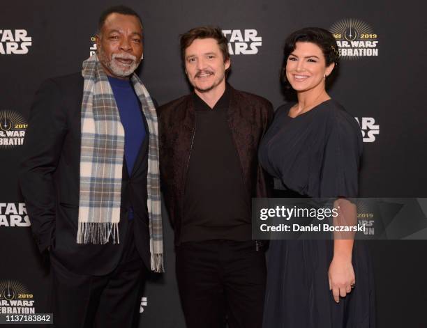 Carl Weathers , Pedro Pascal and Gina Carano attend "The Mandalorian" panel at the Star Wars Celebration at McCormick Place Convention Center on...