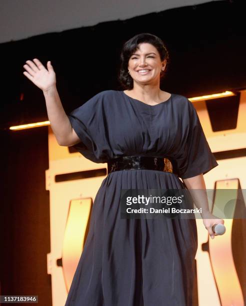 Gina Carano onstage during "The Mandalorian" panel at the Star Wars Celebration at McCormick Place Convention Center on April 14, 2019 in Chicago,...