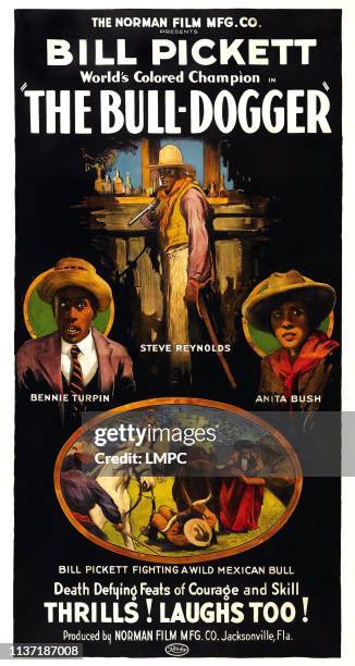 The Bull-dogger, poster, US poster art, Bill Pickett, Bennie Turpin, Steve Reynolds, Anita Bush, 1921.