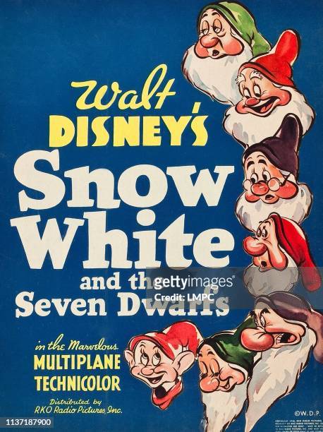 Snow White And The Seven Dwarfs, poster, from top: Sleepy, Happy, Doc, Sneezy, Grumpy, Bashful, Dopey, 1937.