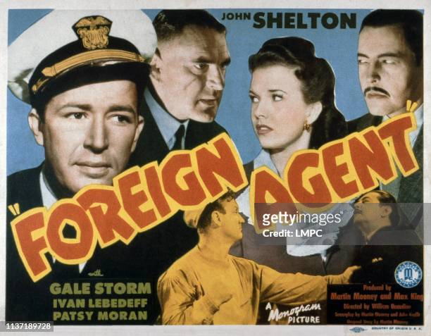 Foreign Agent, poster, from left: John Shelton, Hans Schumm, Gale Storm, Ivan Lebedeff, 1942.