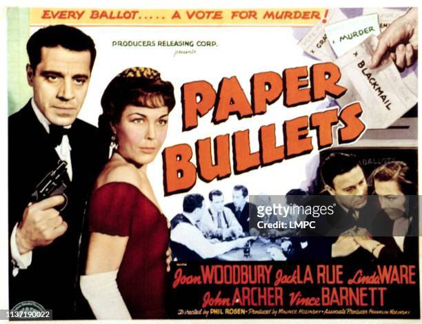 Paper Bullets [aka Gangs, lobbycard, INC., CRIME, INC.], Jack LaRue, Joan Woodbury, Vince Barnett, John Archer, Linda Ware, 1941.