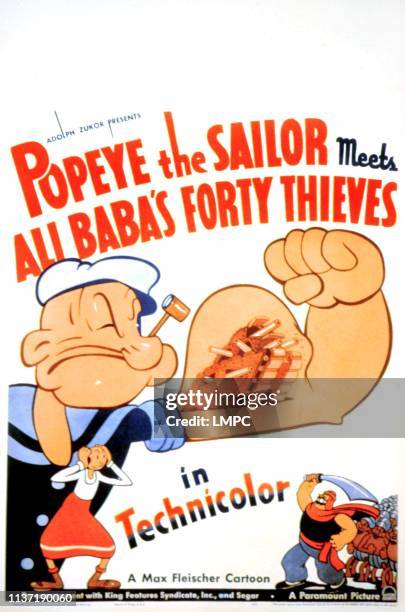 Popeye The Sailor Meets Ali Baba's Forty Thieves, poster, Popeye the Sailor Man, Olive Oyl, Bluto, 1937.