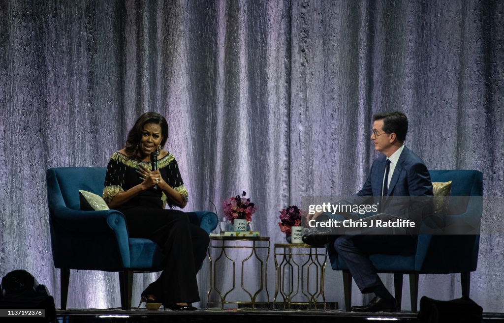 Obama O2 Michelle Obama on stage as part of her