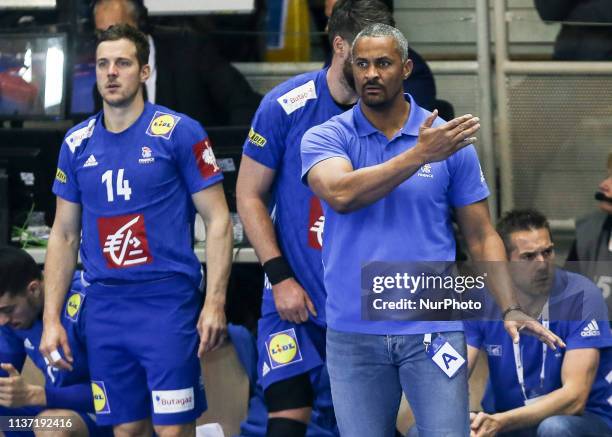 Dider Dinart, coach France Team; during the Euro 2020 qualifications handball match between France and Portugal, on April 14, 2019 in Strasbourg,...