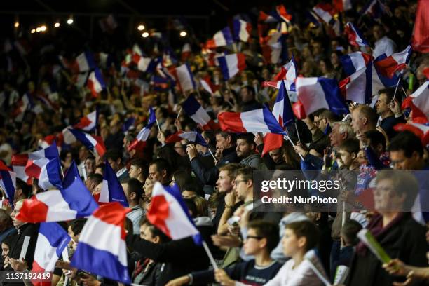 Soporteurs Farnce team, during the Euro 2020 qualifications handball match between France and Portugal, on April 14, 2019 in Strasbourg, northeastern...