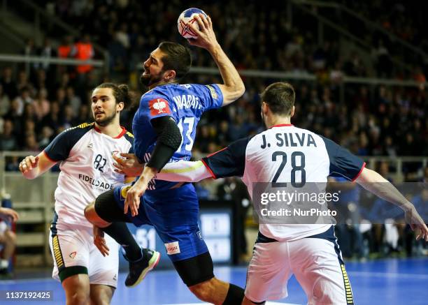 Nikola Karabatic 13, Moreira Belone 2; during the Euro 2020 qualifications handball match between France and Portugal, on April 14, 2019 in...