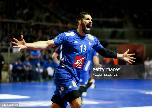 Nikola Karabatic of France celebrates during the handball qualification for Euro 2020 match between France and Portugal on April 14, 2019 in...