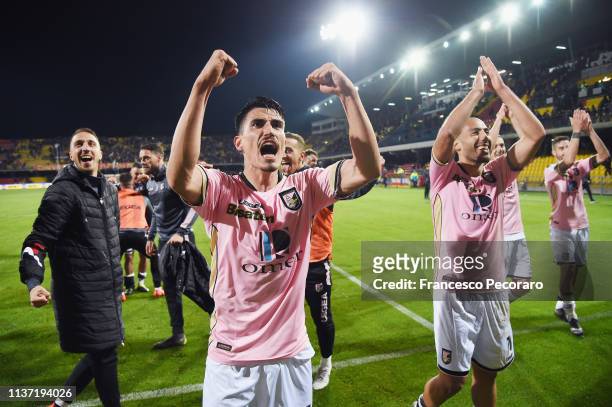 Luca Fiordilino and Haitam Aleesami of US Citta di Palermo celebrate the victory after the Serie B match between Benevento and Carpi FC at Stadio...