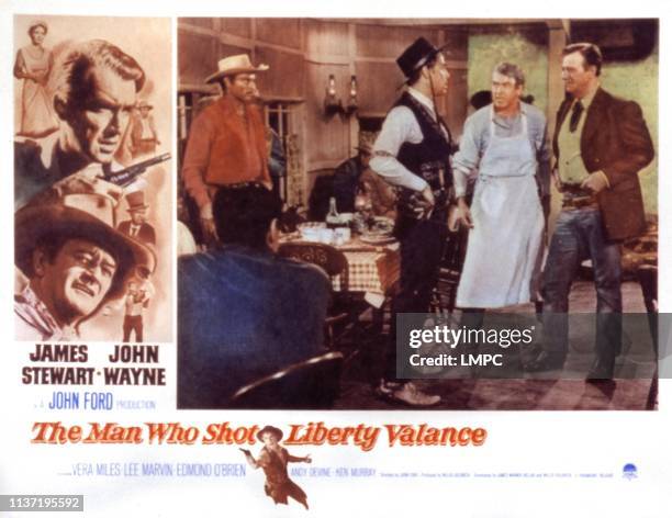 The Man Who Shot Liberty Valance, lobbycard, left from top: Vera Miles, James Stewart, John Wayne, right from center: James Stewart, John Wayne, 1962.