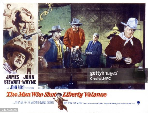 The Man Who Shot Liberty Valance, lobbycard, left from top: Vera Miles, James Stewart, John Wayne, right on far right: John Wayne, 1962.