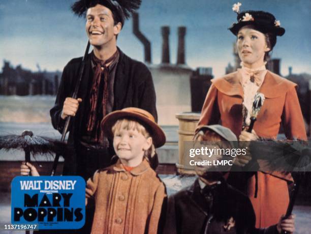 Mary Poppins, lobbycard, Dick Van Dyke, Karen Dotrice, Matthew Garber, Julie Andrews, 1964.