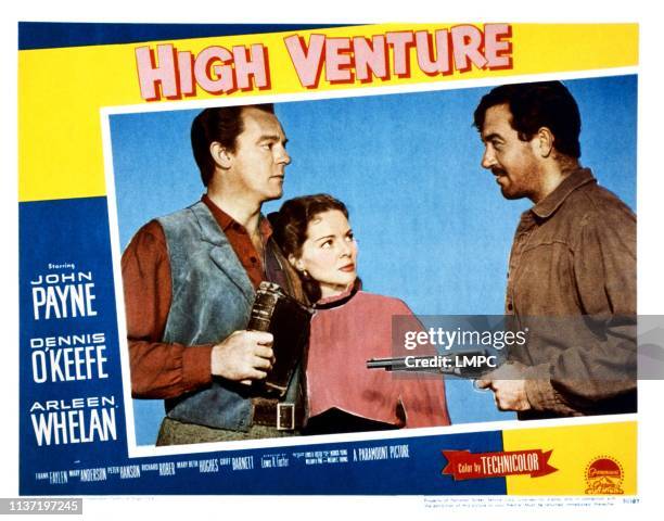 Passage West, lobbycard, , from left, Dennis O'Keefe, Arleen Whelan, John Payne, 1951.