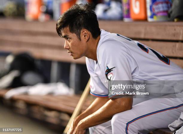 Wei-Yin Chen of the Miami Marlins in the dugout after giving up a two run home run to Jean Segura of the Philadelphia Phillies in the fourteenth...