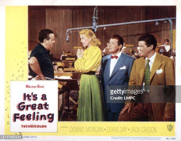 It's A Great Feeling, lobbycard, from left: Ray Heindorf, Doris Day, Jack Carson, Dennis Morgan, 1949.