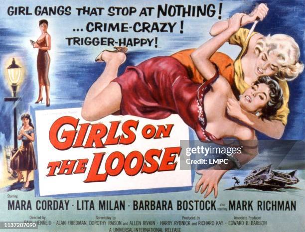 Girls On The Loose, lobbycard, Lita Milan, Mara Corday, Joyce Barker, 1958.