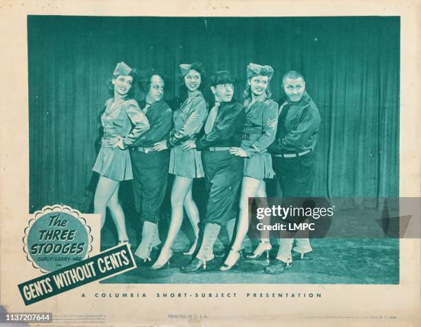 Gents Without Cents, lobbycard, from left, Lindsay Bourquin, Larry Fine, Laverne Thompson, Moe Howard, Betty Phares, Curly Howard, 1944.