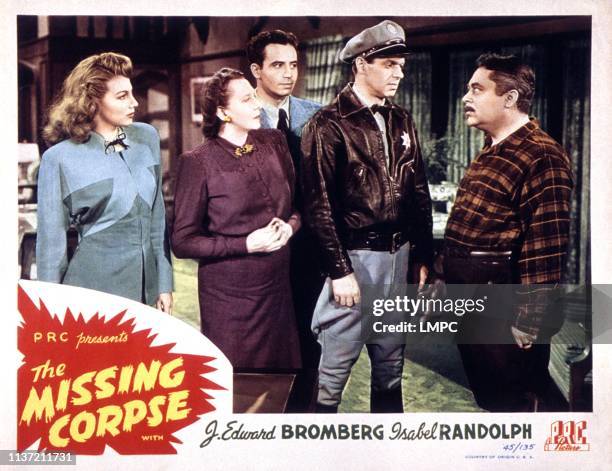 The Missing Corpse, lobbycard, from left: Isabel Randolph, Anne O'Neal, John Shay, Archie Twitchell, J Edward Bromberg, 1945.