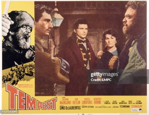 Tempest, lobbycard, , from left: Helmut Dantine, Georffrey Horne, Silvana Mangano, Van Heflin, 1958.