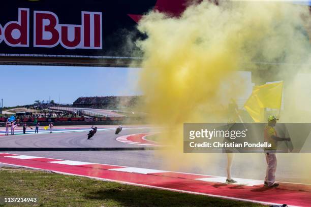 Riders and fans celebrate during the Finals at MotoGP Red Bull U.S. Grand Prix of The Americas at Circuit of The Americas on April 14, 2019 in...