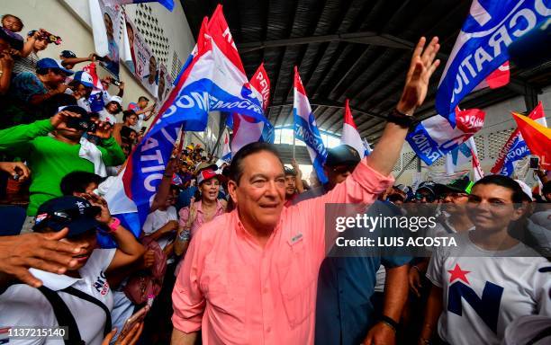 Panamanian presidential candidate Laurentino Cortizo, of the Democratic Revolutionary Party , waves at supporters during a campaign rally in...