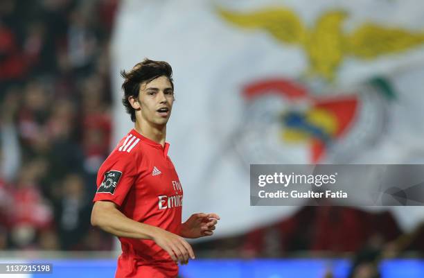 Joao Felix of SL Benfica celebrates after scoring a goal during the Liga NOS match between SL Benfica and Vitoria FC at Estadio da Luz on April 14,...