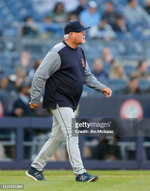 Manager Ron Gardenhire of the Detroit Tigers walks to the mound against the New York Yankees at Yankee Stadium on April 3, 2019 in the Bronx borough...