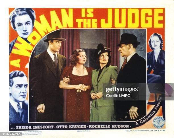 Woman Is The Judge, US lobbycard: top left: Frieda Inescort; bottom left: Otto Kruger; far right; Rochelle Hudson; insert: first, second and third...