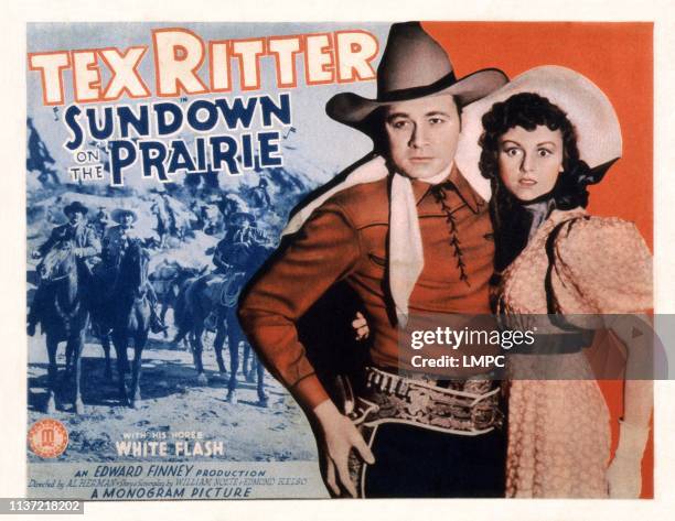 Sundown On The Prairie, US lobbycard, from left: Tex Ritter, Dorothy Fay, 1939.