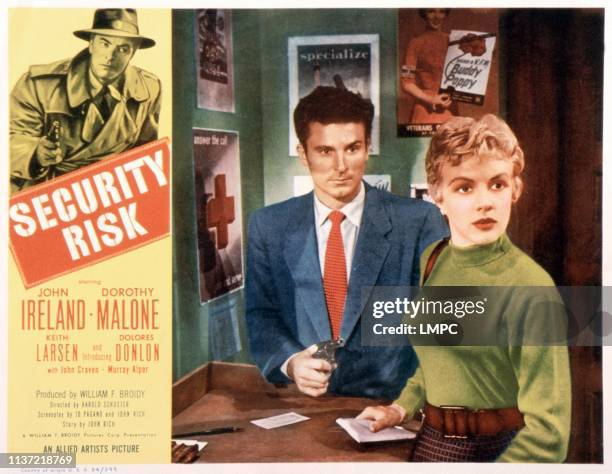 Security Risk, US lobbycard, John Ireland , center from left: Keith Larsen, Dolores Donlon, 1954.