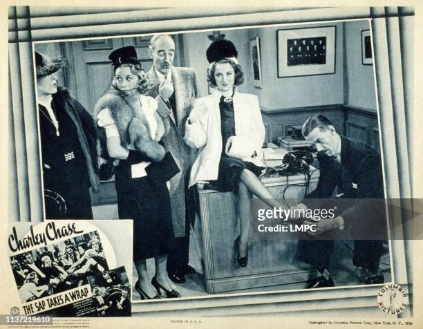 The Sap Takes A Wrap, US lobbycard, standing from left: Ethel Clayton, Gloria Blondell, Harry Wilson, Charley Chase , 1939.