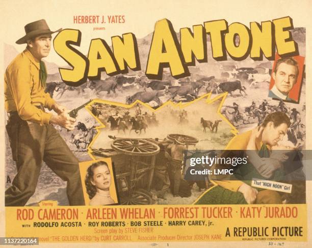 San Antone, poster, US poster, from left: Rod Cameron, Arleen Whelan, Rod Cameron, Katy Jurado, Forrest Tucker , 1953.