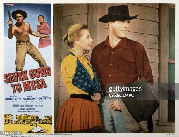 Seven Guns To Mesa, US lobbycard, insert, from left: Lola Albright, Charles Quinlivan, 1958.