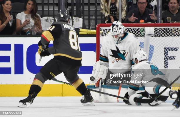 Martin Jones of the San Jose Sharks saves a shot by Jonathan Marchessault of the Vegas Golden Knights during the second period in Game Three of the...