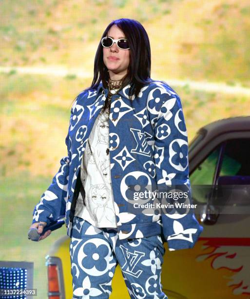 Billie Eilish performs onstage with Khalid at Coachella Stage during the 2019 Coachella Valley Music And Arts Festival on April 14, 2019 in Indio,...