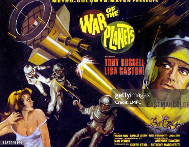 The War Of The Planets, lobbycard, , l-r: Lisa Gastoni, Tony Russell, Franco Nero on title lobbycard, 1966.