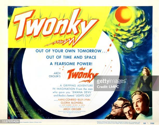 The Twonky, lobbycard, from left: Norman Field, Hans Conried, Gloria Blondell, Janet Warren, , 1953.