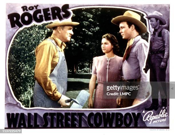 Wall Street Cowboy, lobbycard, from left: Reginald Barlow, Ann Baldwin, Roy Rogers, 1939.